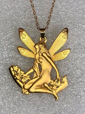 Vintage Art Nouveau Fairy Necklace Gold Tone Signed JJ Jonette 16-18" 8417